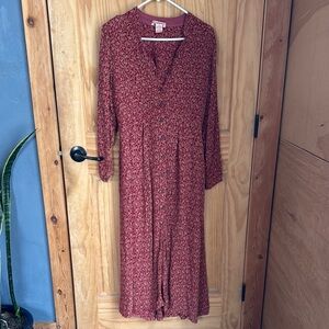 Vintage Floral Button-Down Dress - Red